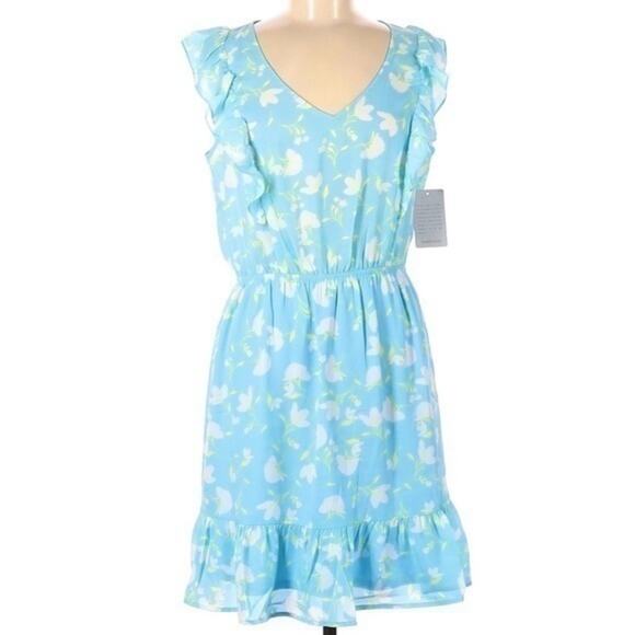 Collective Concepts Dresses & Skirts - Collective Concepts Mini Dress Blue Floral Print Ruffled Sz S V Neck